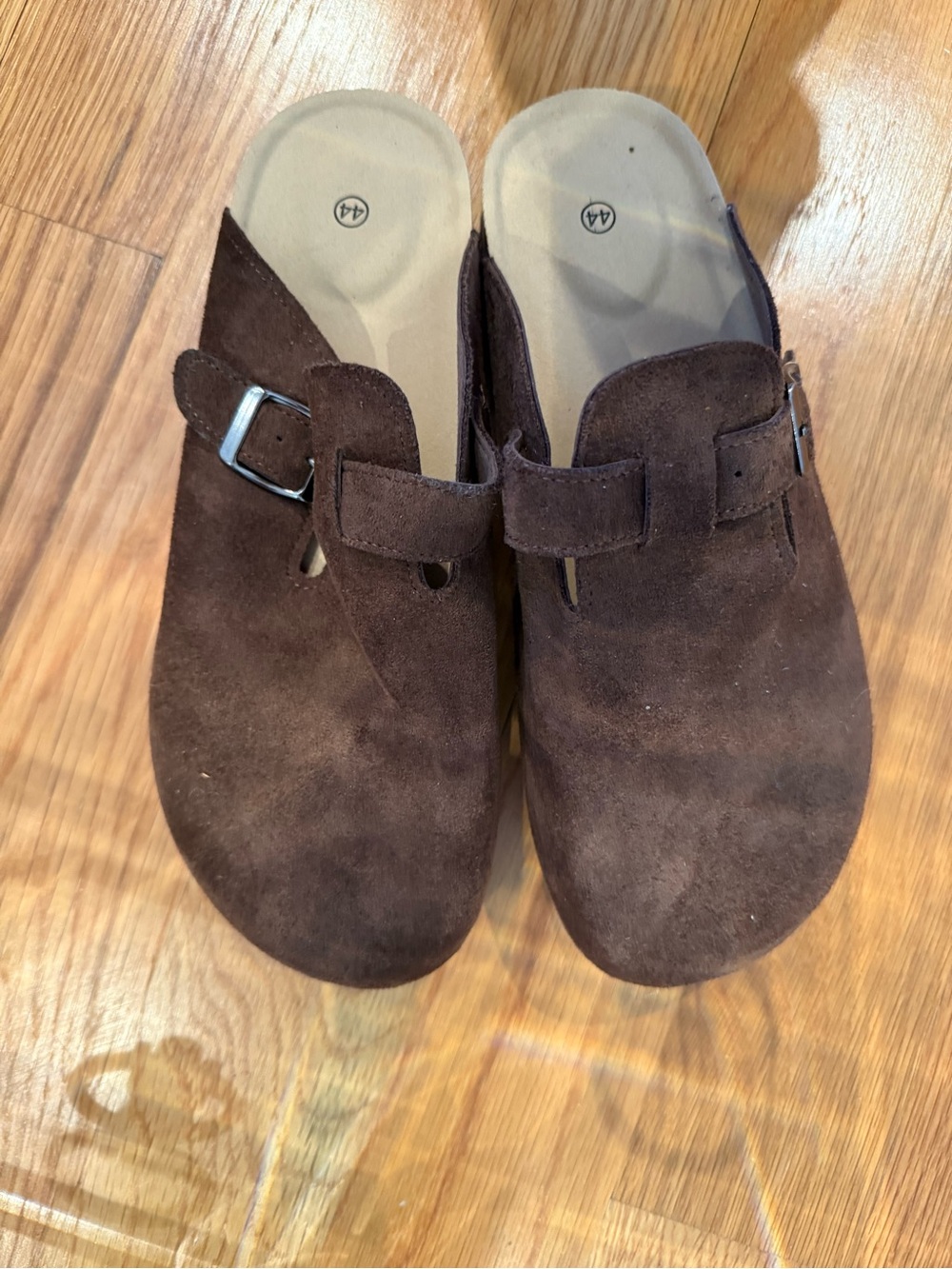Brown Suede Slip-On Clogs with Buckle
